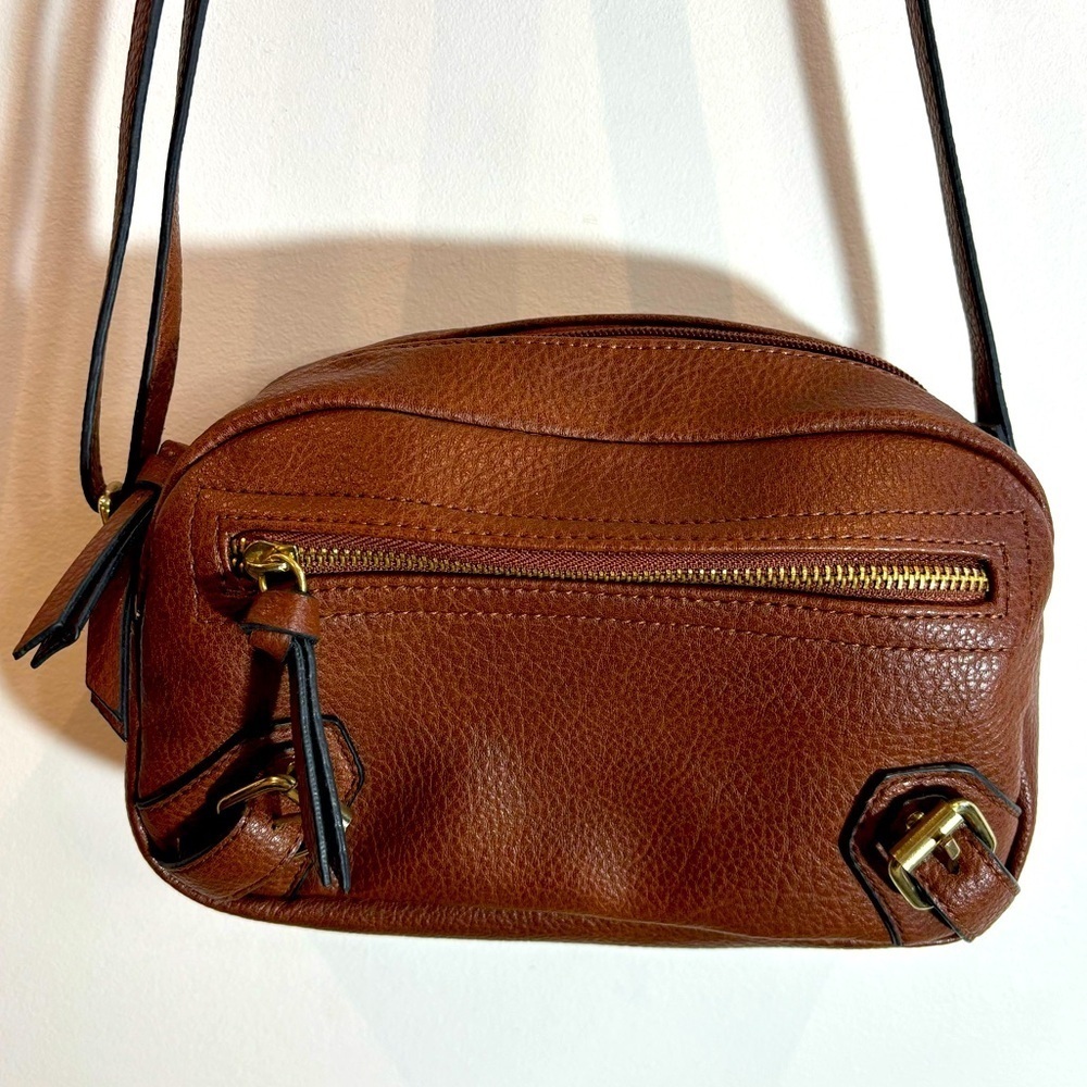 BUENO Small Leather Crossbody Zipper Closure Buckle Decoration Purse Bag